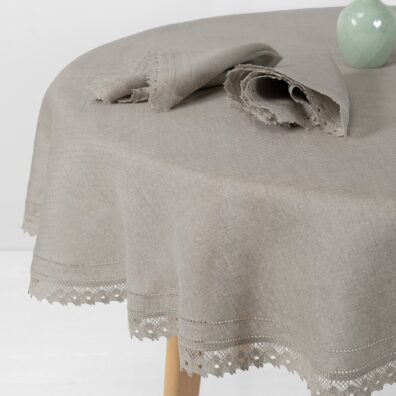 NORA Leinentischdecke naturgrau rund (oval) mit Spitze rundum