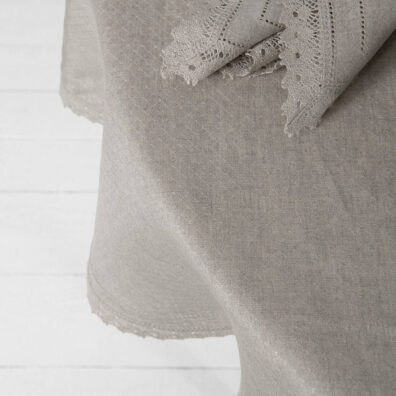 NORA Leinentischdecke naturgrau rund (oval) in feinem Diamantenmuster