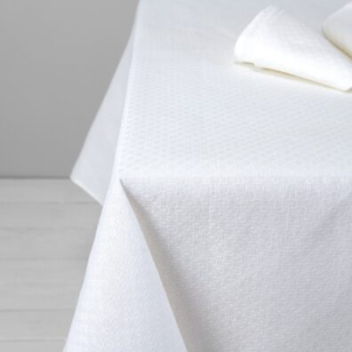 TONY Halbleinen-Tischdecke schneeweiß mit Diamantenmuster und passende Servietten