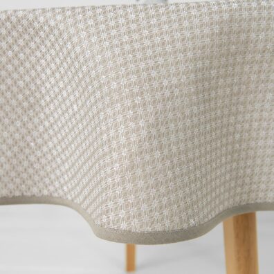 TONY runde (ovale) beige Halbleinen-Tischdecke mit grauer Paspel rundum