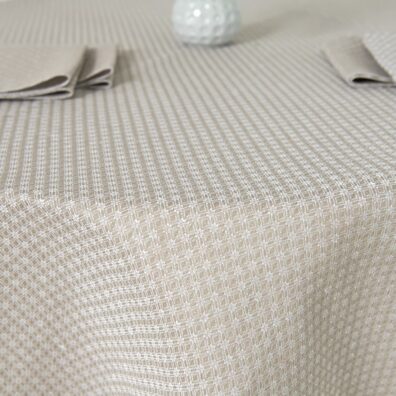 TONY runde (ovale) beige-weiße Halbleinen-Tischdecke mit Diamantmuster und grafischen Blümchen