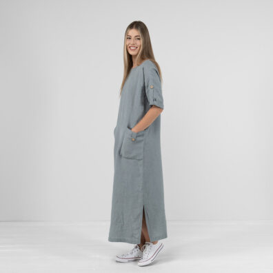 MAROCCO Leinenkleid blaugrau mit seitlichen Schlitzen