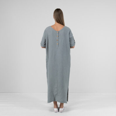 MAROCCO Leinenkleid blaugrau mit V-Ausschnitt und Knopfverschluss am Rücken