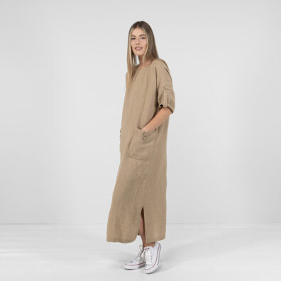MAROCCO Leinenkleid hellbraun mit seitlichen Schlitzen