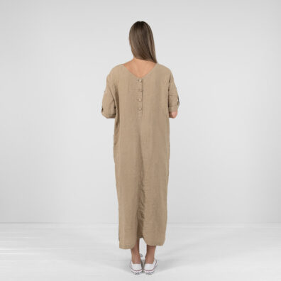 MAROCCO Leinenkleid hellbraun mit V-Ausschnitt und Knopfverschluss am Rücken