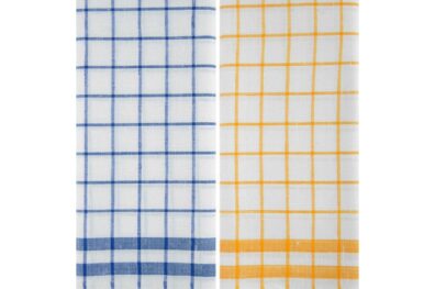 Küchentücher-Set: weiß - blau und gelb - weiß.