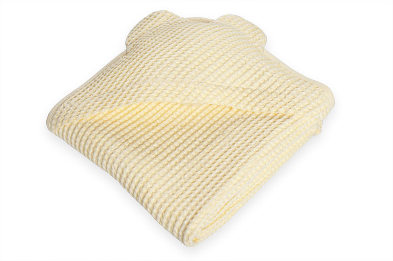 Baby Badetuch aus Leinen mit Kapuze hellgelb.