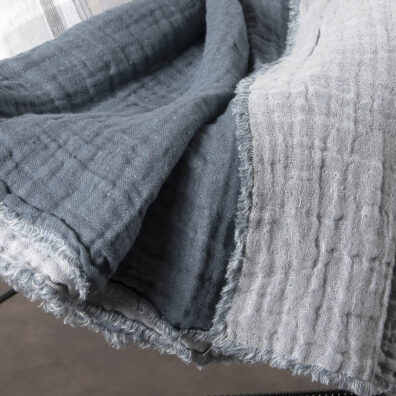 Eine Seite des Plaids ist blaugrau, andere hellgrau.