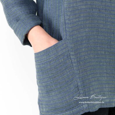 Leinenbluse blau, grau gestreift mit großen Taschen