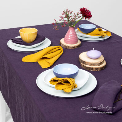 Leinentischdecke violett vorgewaschen, violette, gelbe vorgewaschene Leinenservietten