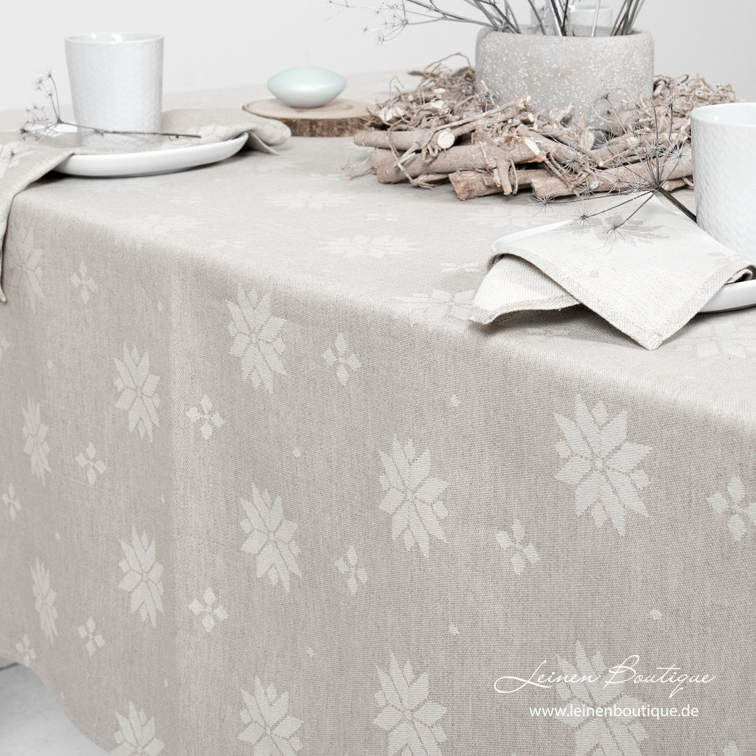 Beige Leinen-Baumwolltischdecke mit eingewebten Sternen