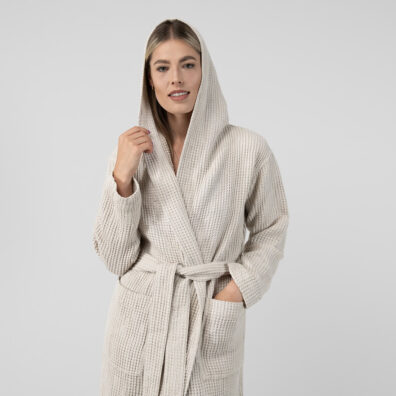 VERO Damen Halbleinen-Bademantel beige mit Kapuze