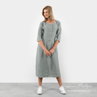 Langes graugrünes Leinenkleid