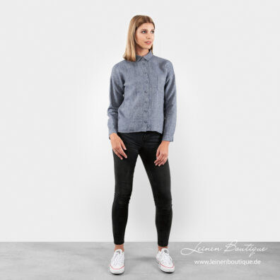 Blaue gemusterte Leinenbluse, langarm