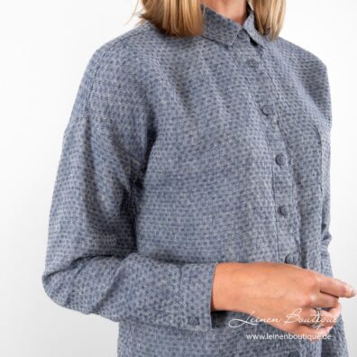 Bluse aus blauem gemustertem Leinen-Jacquard
