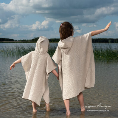 Leinen-Baumwoll-Strandponcho für Kinder, hellgrau