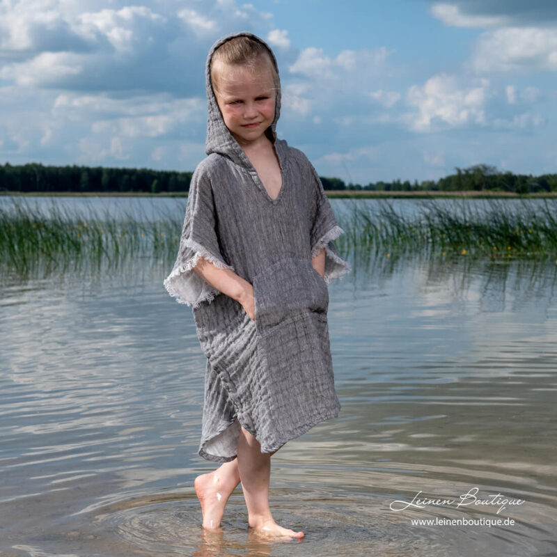 Grauer Leinen Strandponcho für Kinder