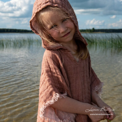 Brauner Leinen-Strandponcho mit Kapuze
