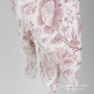Leinen-Tusch weiß, mit rosa Blumen und Fransen