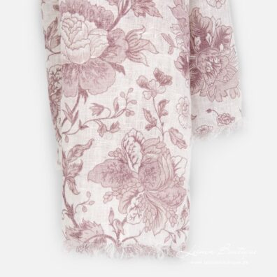 Weißer Leinenschal mit rosa Blumen und Fransen