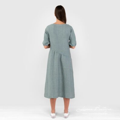 Leinenkleid grün, mit asymmetrischer Taillenlinie