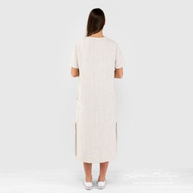 Leinenkleid beige gestreift, mit Schlitzen an beiden Seiten