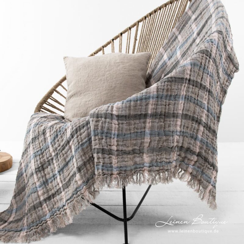 Leinen-Plaid beige-blau-rosa kariert