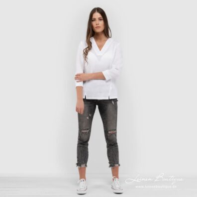 Schneeweiße Leinenbluse mit 3/4 Ärmeln