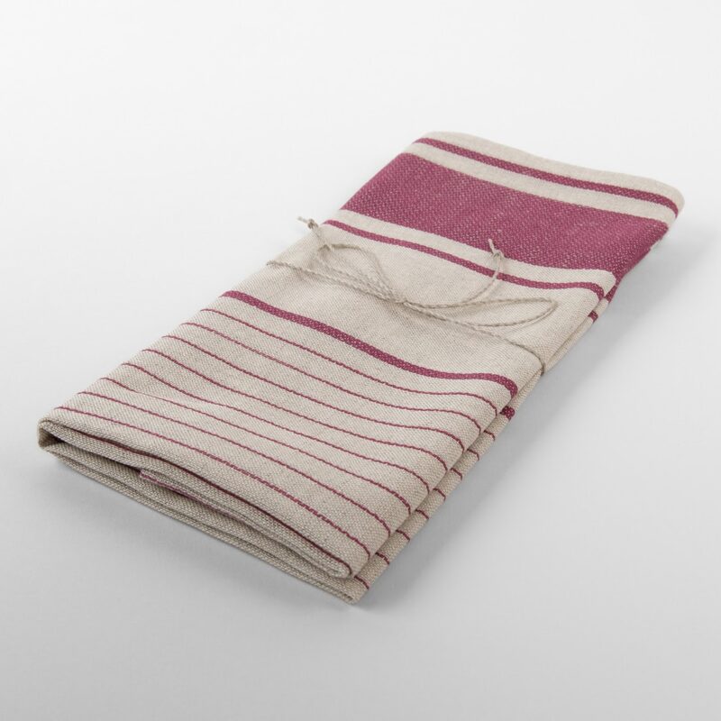 Naturgraues Halbleinen-K&uuml;chentuch mit dunkelroten Streifen