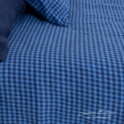 Reinleinen Bettbezug blau-dunkelblau kariert