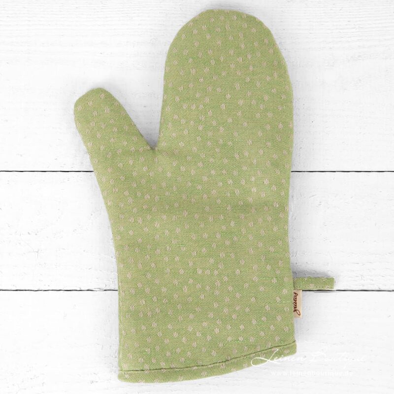 Leinen Ofenhandschuh grün mit beige Punkten