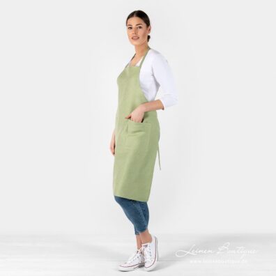 Hellgrüne beige gepunktete Küchenschürze aus Leinen-Baumwollstoff