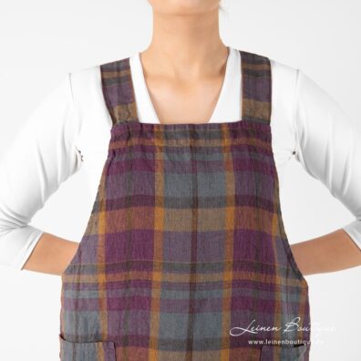 Leinen-Küchenschürze mit violetten, grauen, braunen Karos