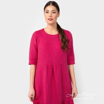 Wadenlanges intensiv rosa Leinenkleid mit 3/4 Ärmeln