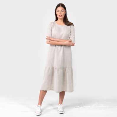 Leinenkleid beige, mit feiner Raffung am Rock