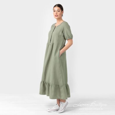 Leinenkleid altgrün mit feiner Raffung am Saum