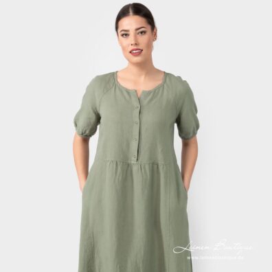 Leinenkleid altgrün kurzarm, mit Druckknopfverschluss vorne
