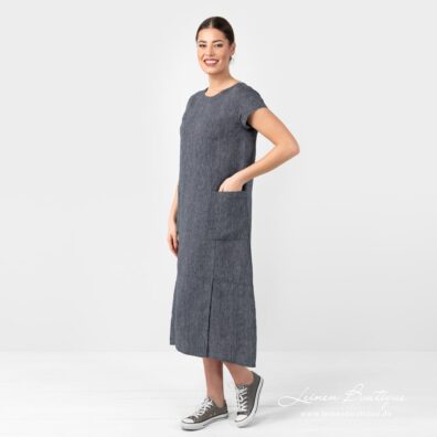 Leinen Kleid blau gestreift, mit Schlitz am Saum