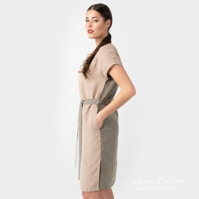 Leinenkleid taupe mit kurzen Ärmeln, breitem Bindegürtel