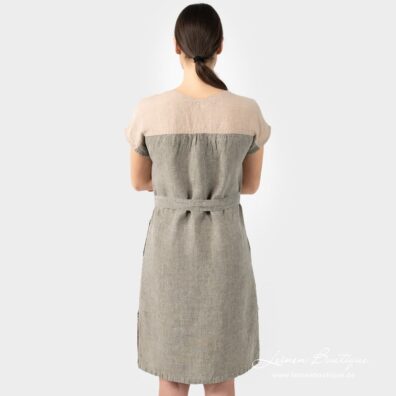 Leinenkleid taupe vorne, auf der Rückseite beige-braungrüne Melange