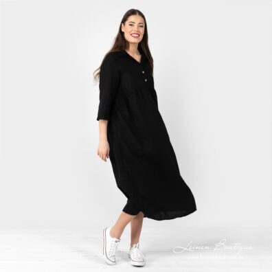 Leinenkleid schwarz wadenlang in lockerer A-Silhouette