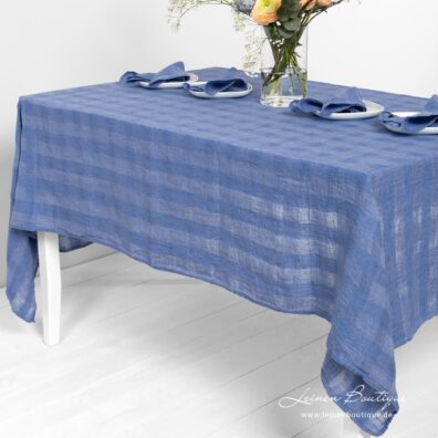 Leinentischdecke blau mit Ajour-Karos
