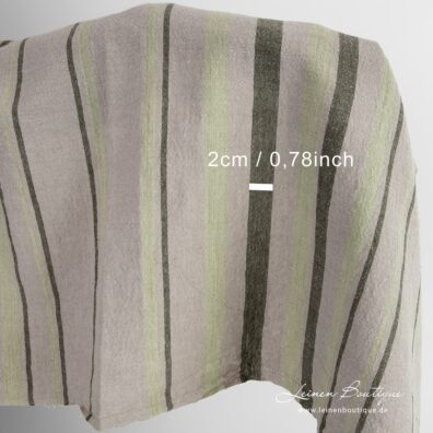 Leinen-Baumwollstoff in vertikalen Streifen aus beige, dunkelgrünem, grünlichem, naturgrauem Garn gewebt