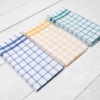 3tlg. Leinen-Küchentücher-Set mit blauen, gelben, grünen Karos