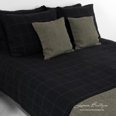 Schwarz-dunkelgrün karierte Halbleinen-Bettwäsche und Dekokissen, Plaid MOSSA