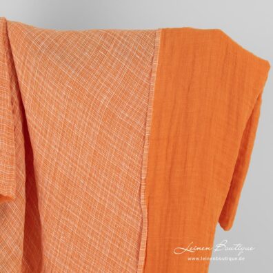 Leinenstoff orange kariert doppelseitig gewaschen