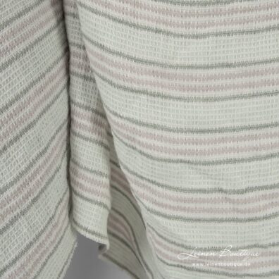 Waffelpikee Leinenstoff in horizontalen Streifen aus weißem, altgrünem, mintgrünem und beige Garn gewebt