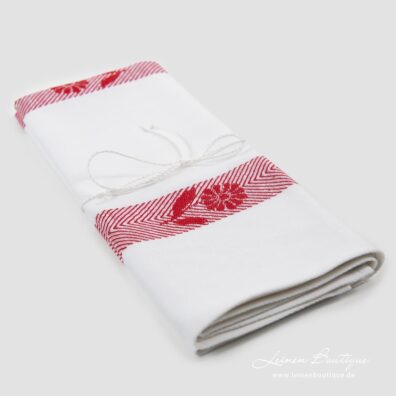 Milchweißes Halbleinen-Küchentuch mit roten Streifen und Blumen, Jacquard