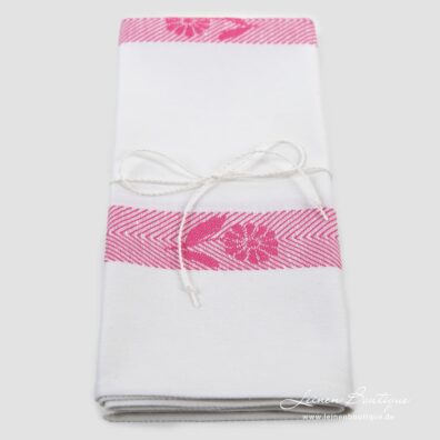 Halbleinen-Küchentuch milchweiß mit rosa Blumen, Jacquard