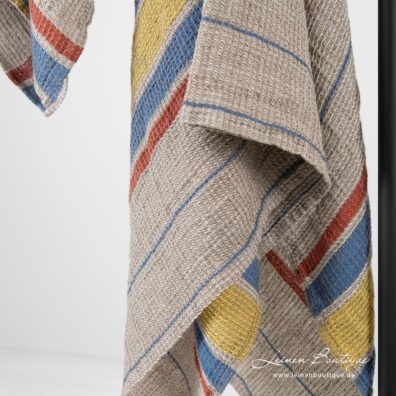 Halbleinen-Handtuch beige mit Streifen in Gelb, Blau, Rot